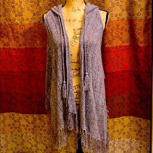 Long hooded knit vest with fringe